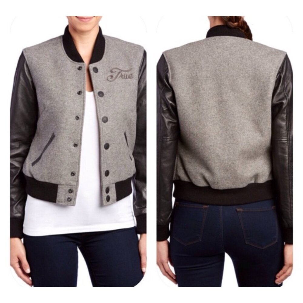 True Religion Jacket Womens Gray Black Bomber Varsity Jacket wool Sheep leather